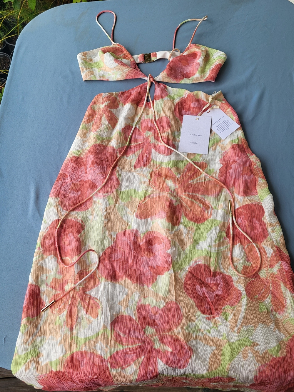 Significant Other Floral Midi Dress Naomi Cutout Plisse Pink Green US 4 NWT